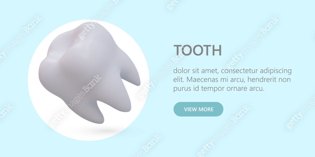Tooth Text Collage Advertisement of dental clinic. Realistic tooth, text, view more button ...