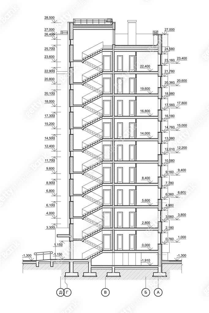 Building Cross Section Vector Vector architectural project of a multistory building facade and cross ...