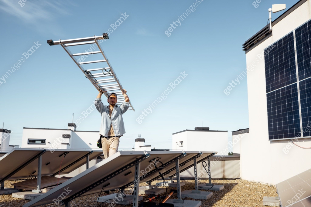 Man carries ladder during solar panels installation 이미지 (1741105985 ...