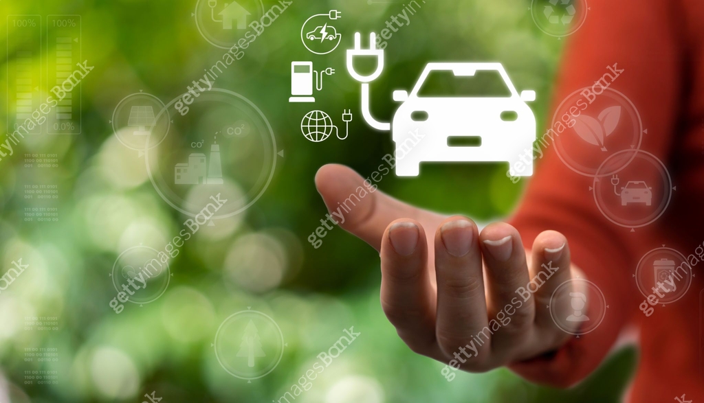 Human holding electric car, vehicle charging battery, EV car, power ...