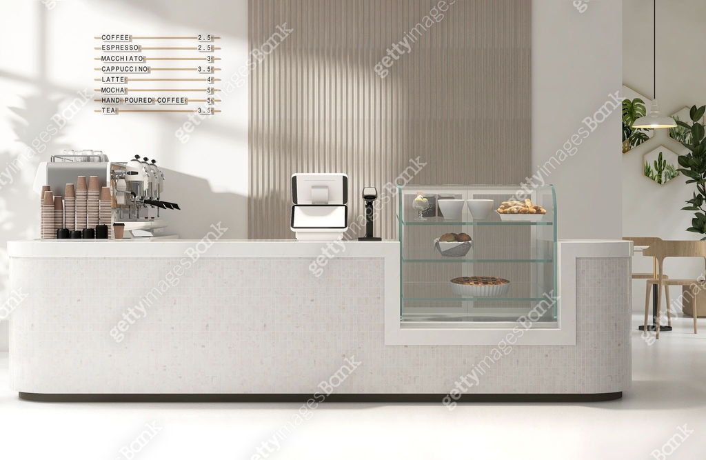 Modern luxury design cafe, mosaic tile white round corner counter, cake ...