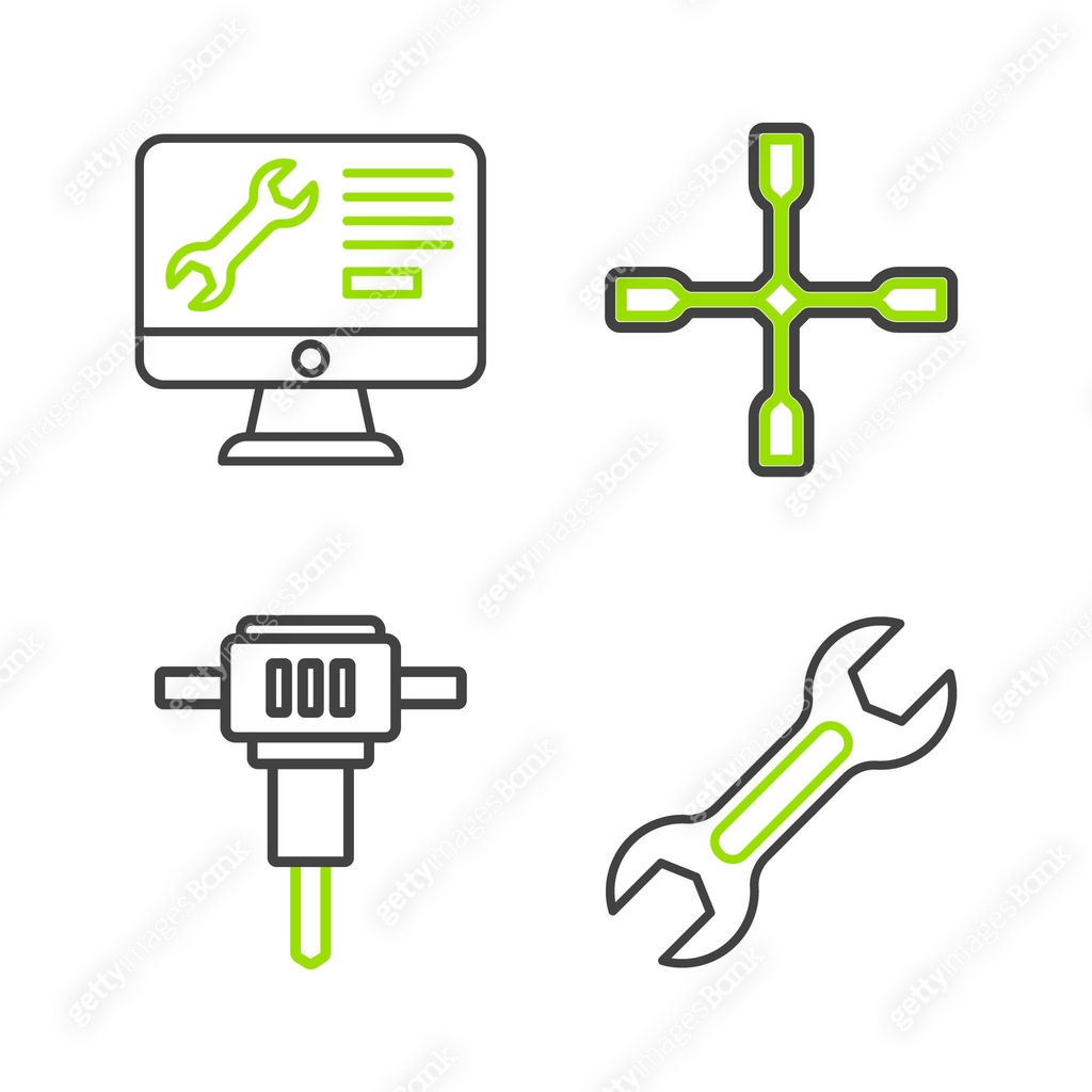 Set line Wrench spanner, Construction jackhammer, Wheel wrench and ...