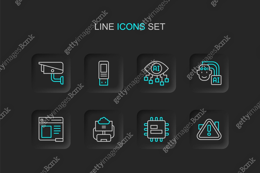 Set line Exclamation mark in triangle, Processor CPU, Cloud database ...