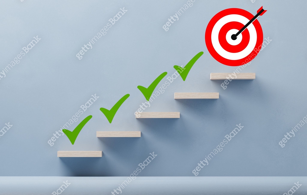 Goal Step Picture wooden ladder and green tick mark moving step by step towards goal ...