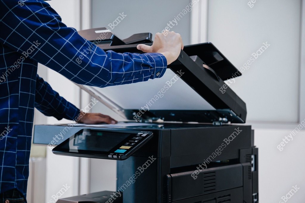 Copier printer, Close up hand office man press copy button on panel to ...