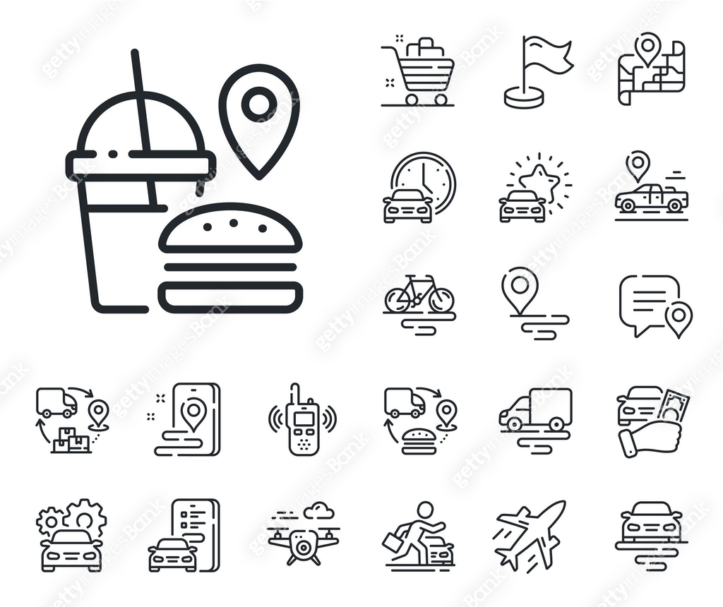 Food delivery line icon. Meal order location sign. Plane, supply chain ...