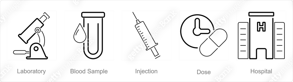 A set of 5 Health Checkup icons as laboratory, blood sample, injection ...