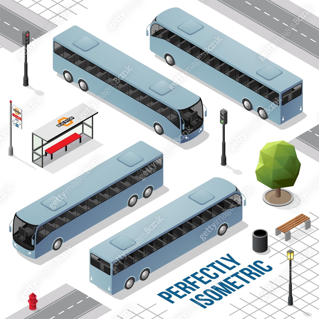Isometric Bus Blue Grey Long Isometric Bus from the Front Back Right and Left 이미지 ...