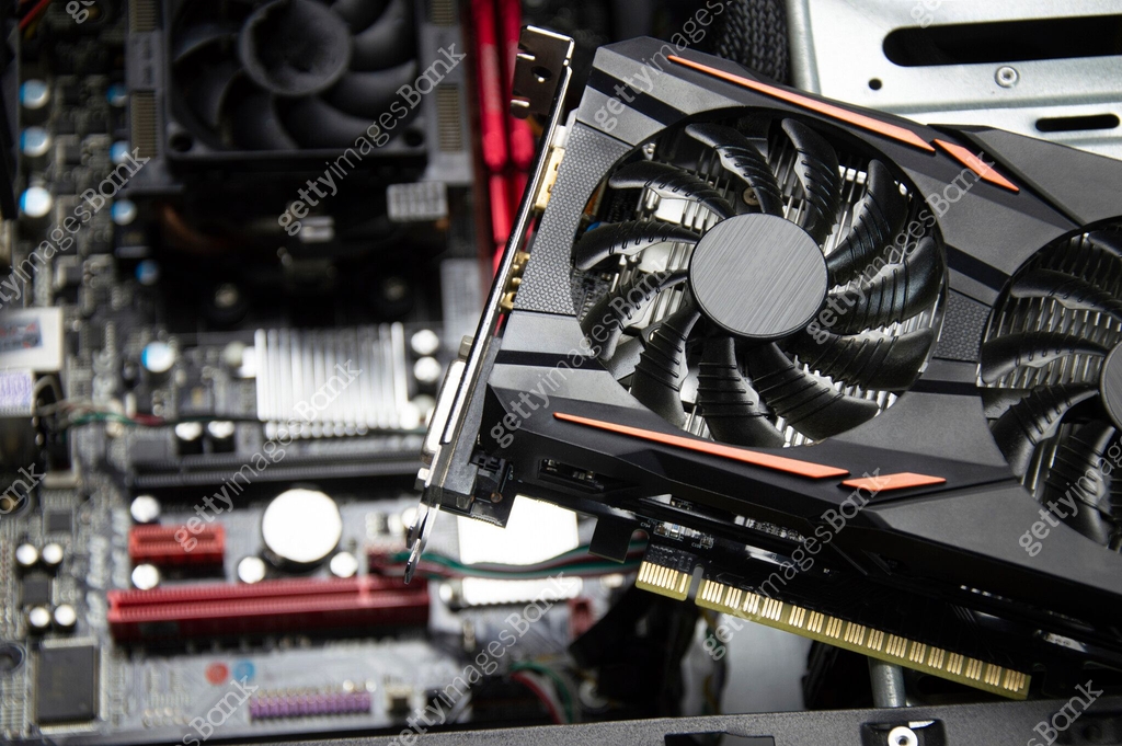 Top view of graphics card and motherboard. 이미지 (1782081540) - 게티이미지뱅크