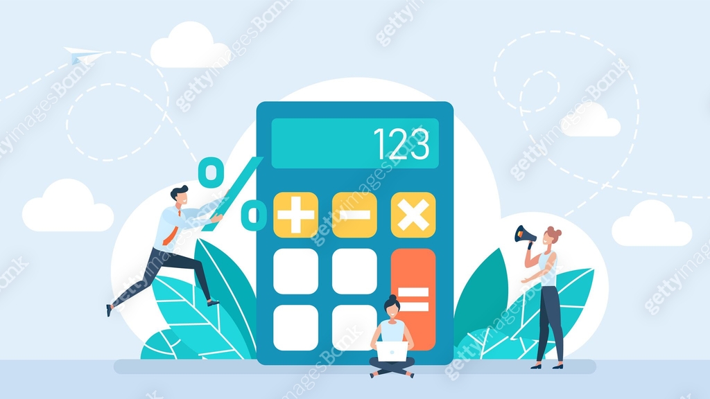 Someone Calucating Math Calculator app. Tiny people with calculating. Math formulas and ...
