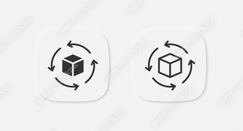 Rotate cube icon. Four arrows symbol. 360 rotate signs. Repeat reload ...