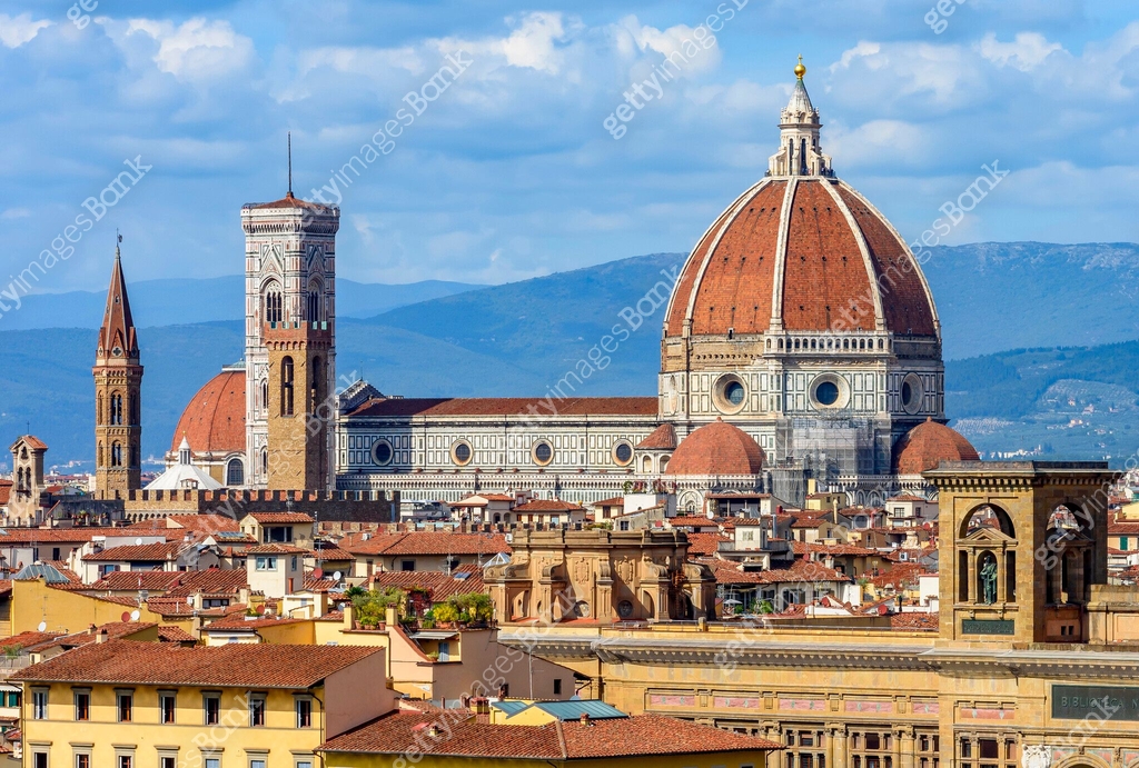 Florence Inscriptions Florence cathedral (Duomo) over city center, Italy (inscription ...