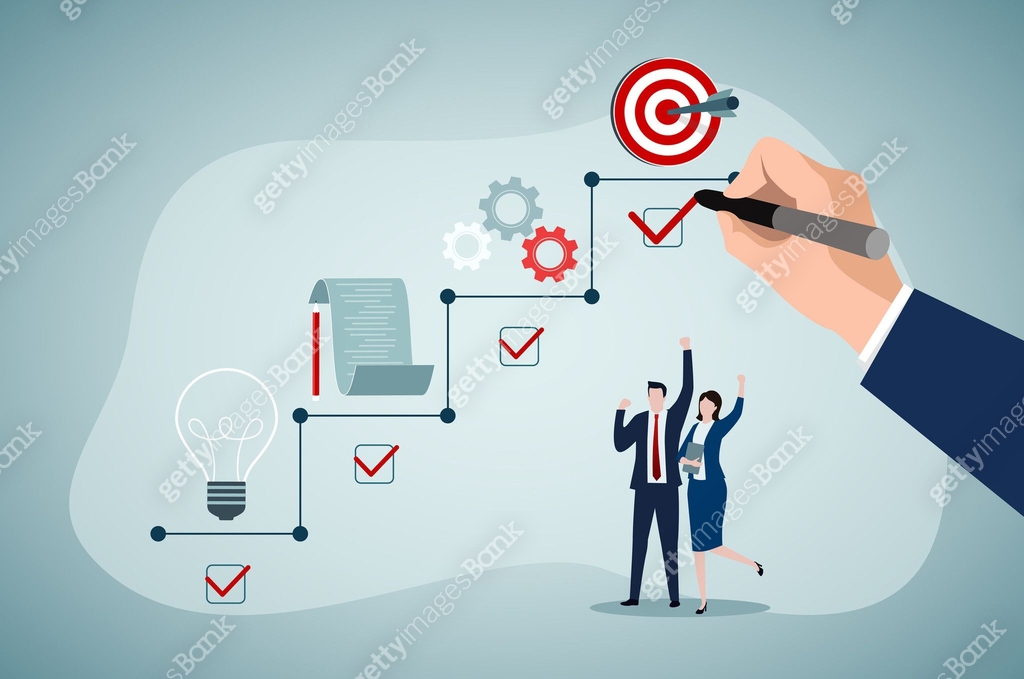 Project management, concept banner. Confident business team finished ...