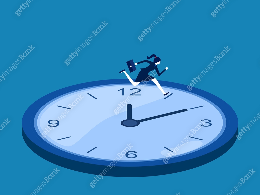 Quality time or time out. Businesswoman running fast according to clock ...
