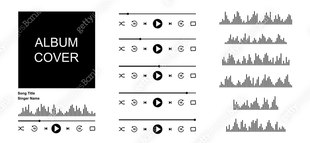 Music mp3 player interface with album cover frame, buttons, progress ...