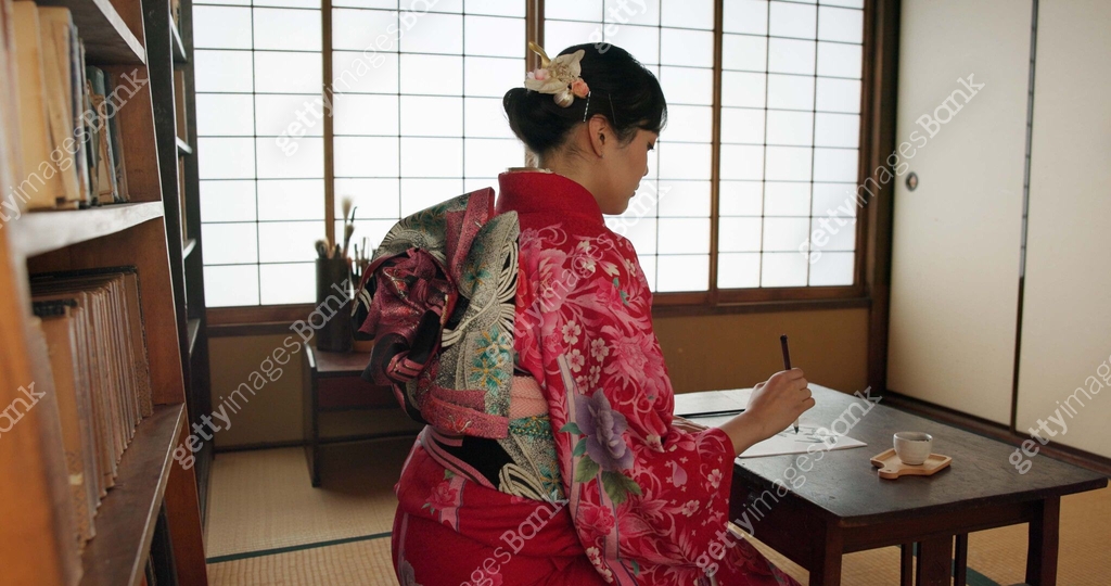 Traditional, writing and Japanese woman in home for script on paper ...