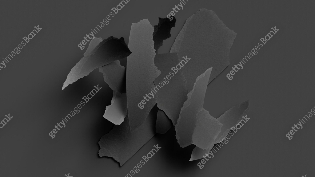 3d render, abstract minimalist black background. Ripped paper pieces ...