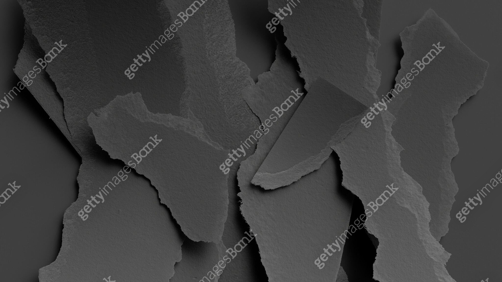3d render, abstract minimalist black background. Ripped paper pieces ...
