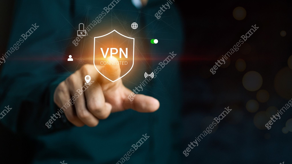 VPN Virtual Private network protocol concept, Man hand typing on ...