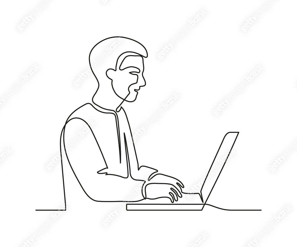 Man work on laptop, continuous one line drawing. Learning or business ...