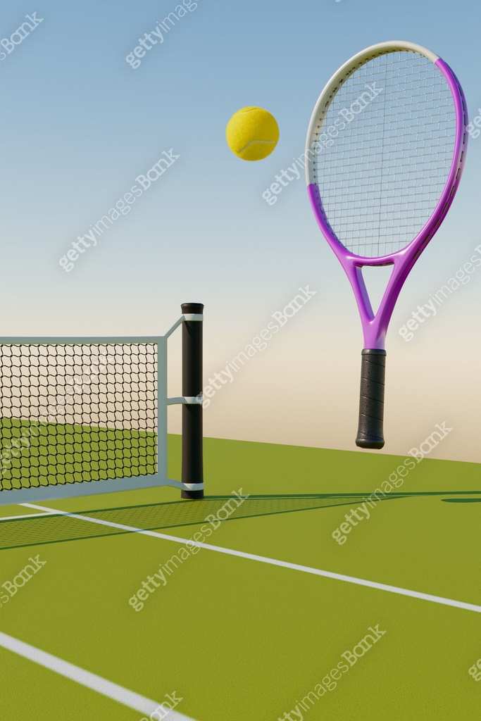 Tennis racket, ball and sports court with a net. 3d rendering 이미지 ...