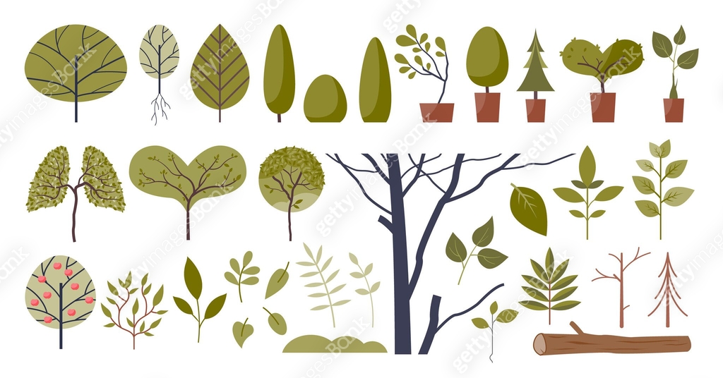 Tree Form Style Decorative trees forms and green stylish plants elements in collection ...