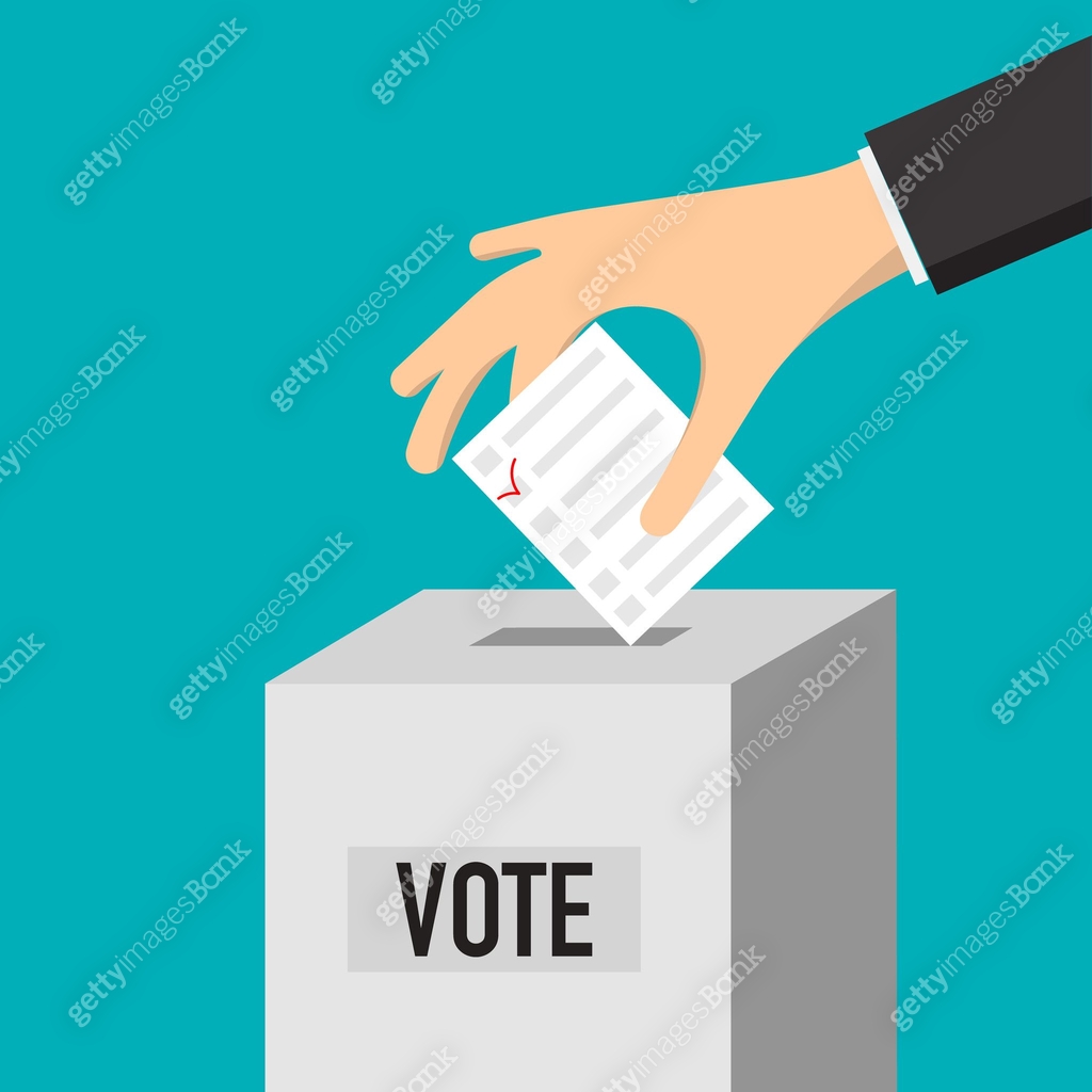 Ballot Box with Vote sign on it. Hand putting bulletin in a box ...