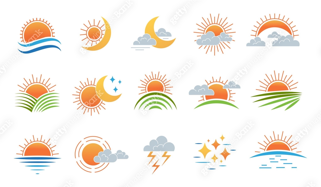 Rising sun. Stars moon and setting sun in clouds recent vector symbols ...