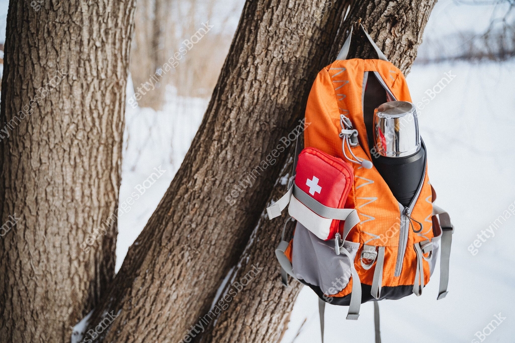 Push Trees First Backpack Orange backpack with a first aid kit and a thermos hangs on a tree in ...