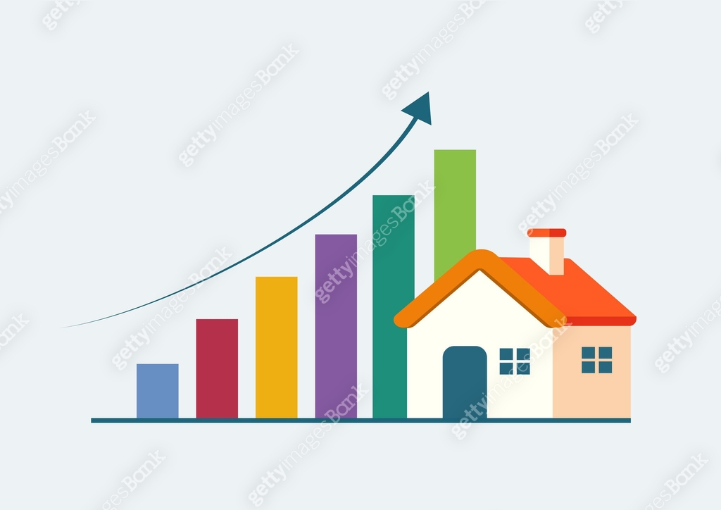 Business graph with arrow and house. Housing price or interest rates ...