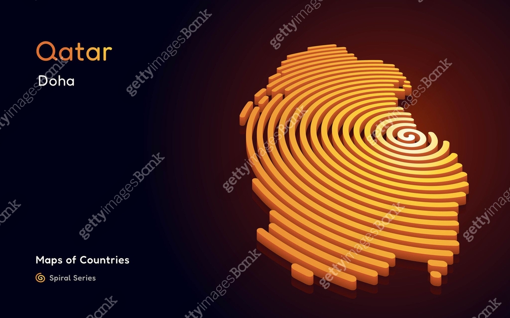 3D Gold Vector Map of Qatar a Circle Spiral Pattern with a Capital of ...