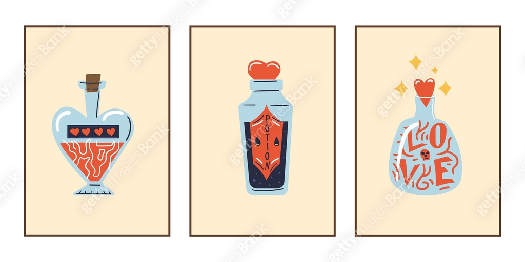 Magic Potion Labels Vector Magic potions. Different cute glass bottles different forms. Doodle ...