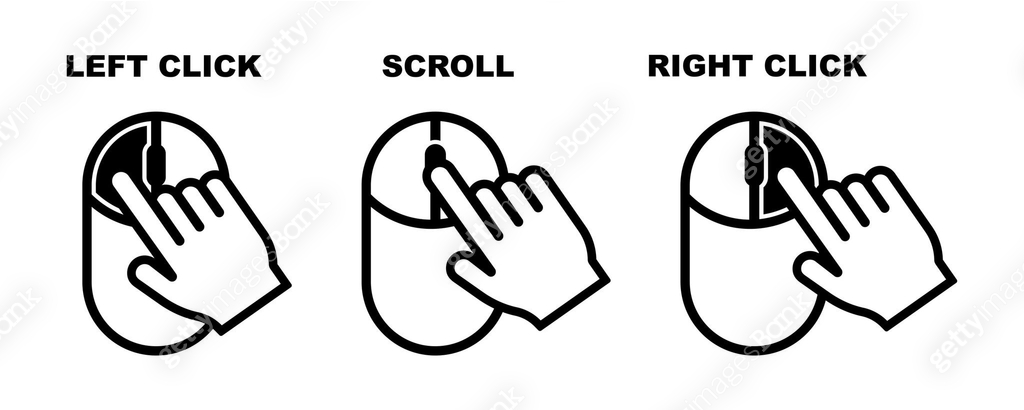 Mouse click on left, right and scroll wheel button. Instruction using ...