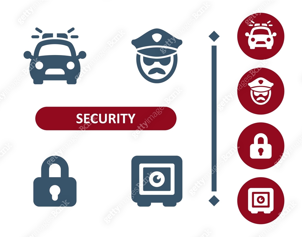 Security icons. Police car, police officer, security guard, lock ...