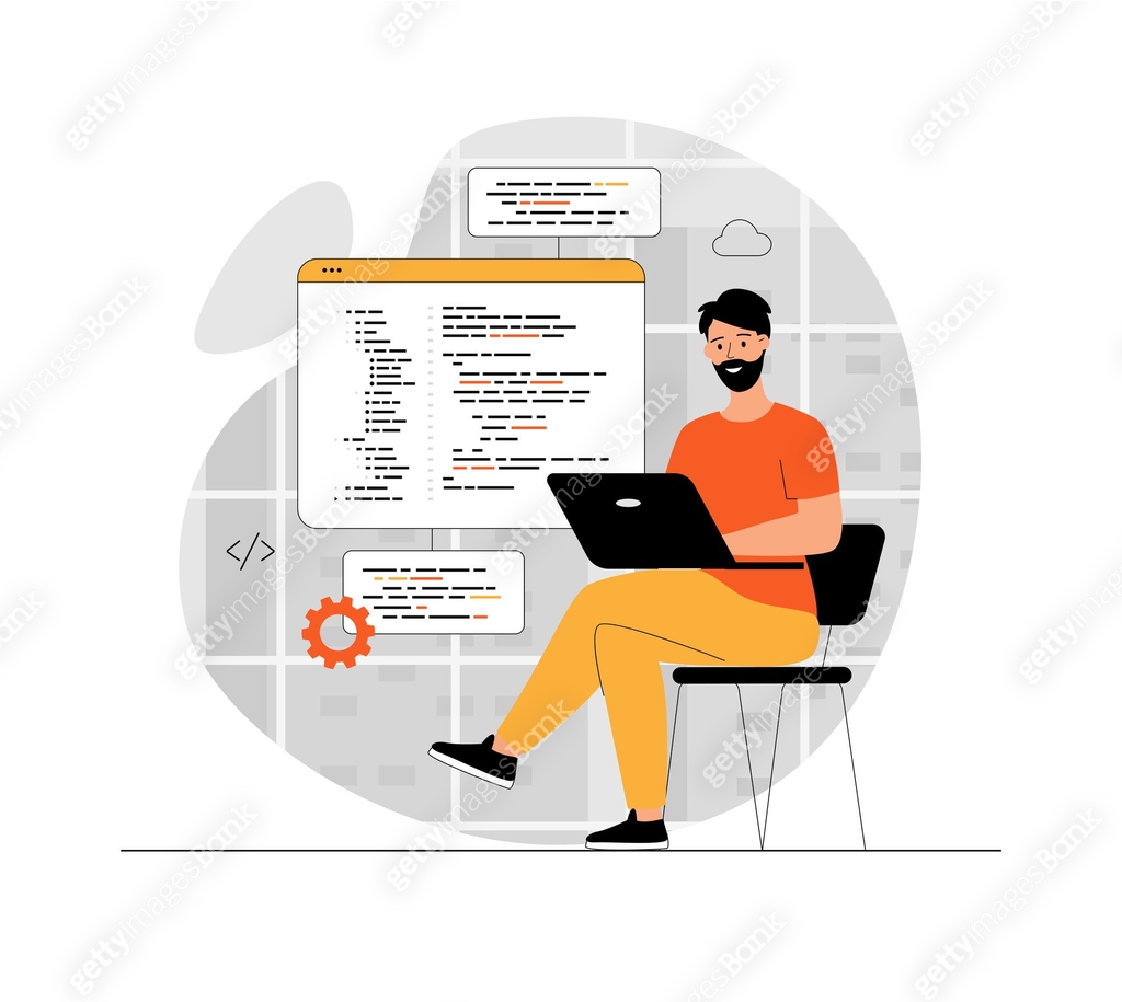Programming software concept. Man write, test and optimize code, work ...