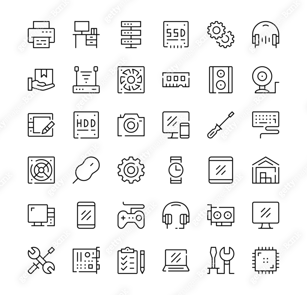Hardware Icon Machine Computer hardware icons set. Vector line icons. Black outline stroke ...
