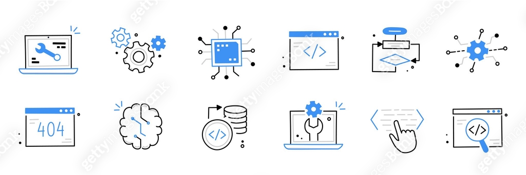 Coding Effects Drawn Software code icon doodle set. Hand drawn line sketch software coding ...