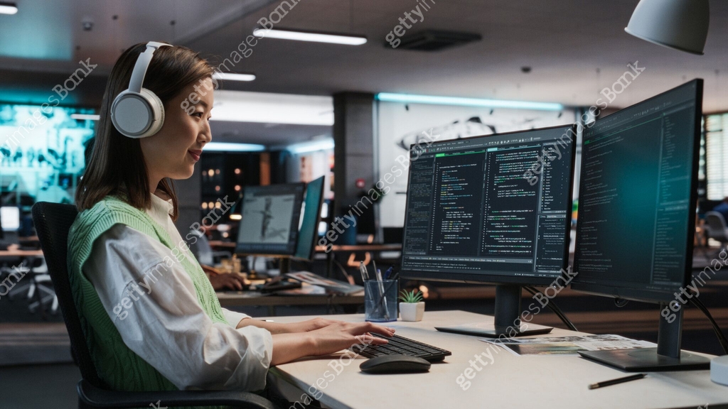 Compter Games Programmer Female Asian Game Programmer Coding On Desktop Computer In Game ...