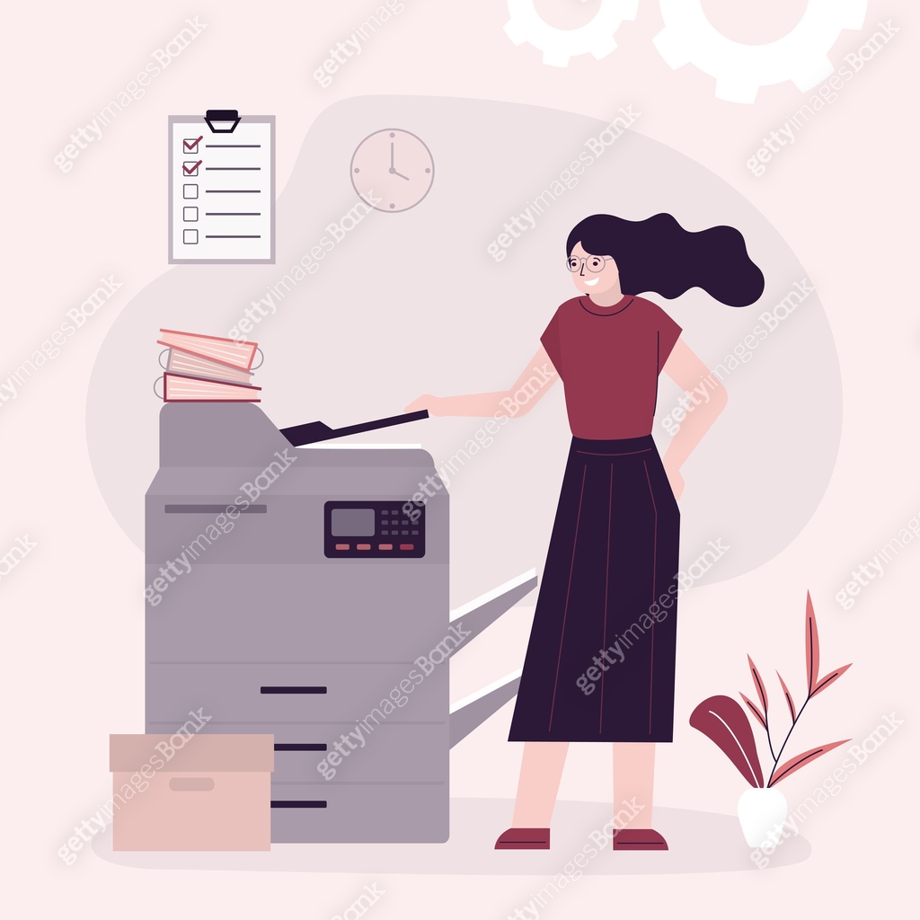 Copy Machine Shop Woman office worker uses copy machine to scan document. Young girl ...