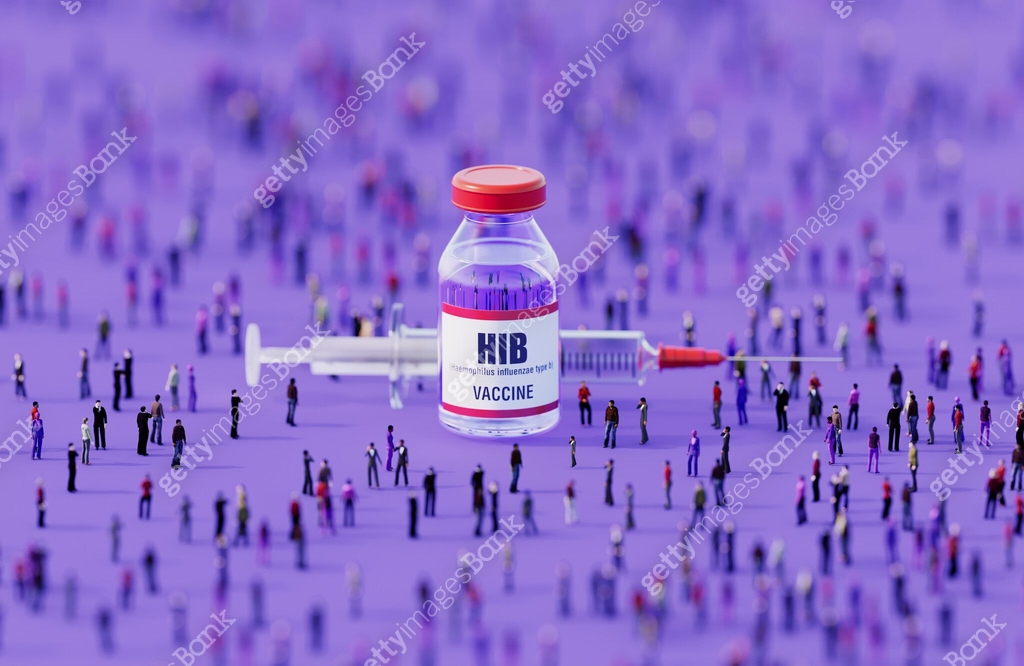 Human Crowd Surrounding An Injectable HIB Vaccine Bottle On Purple ...