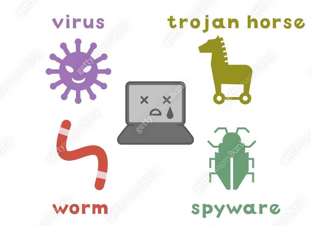 Icon-like illustration of spyware, malware, computer viruses and worms ...