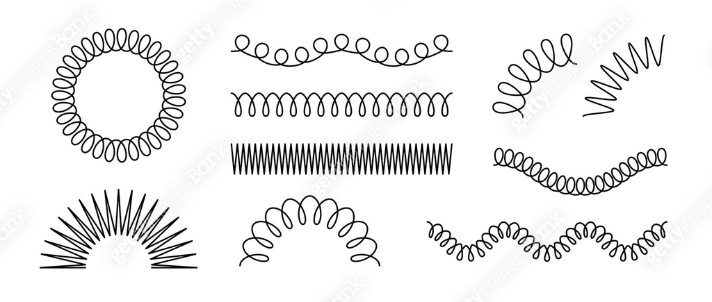 Spiral spring set. Black metal wire coil spring collection. Thin wire ...