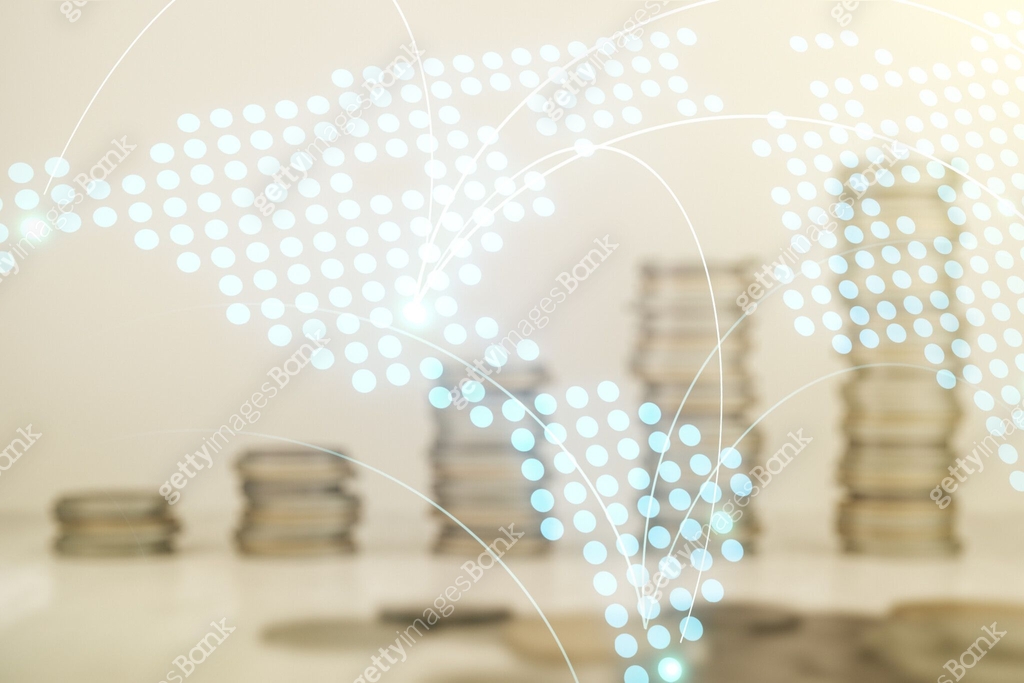 Abstract virtual world map with connections on stacks of coins ...