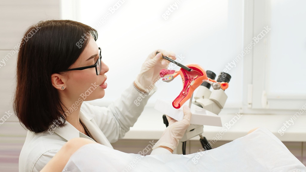 Gynecology room in modern clinic. Female gynecologist uses colposcope ...