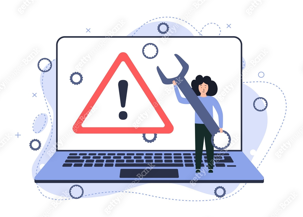 Illustration of a broken laptop. Error warning sign on the screen ...