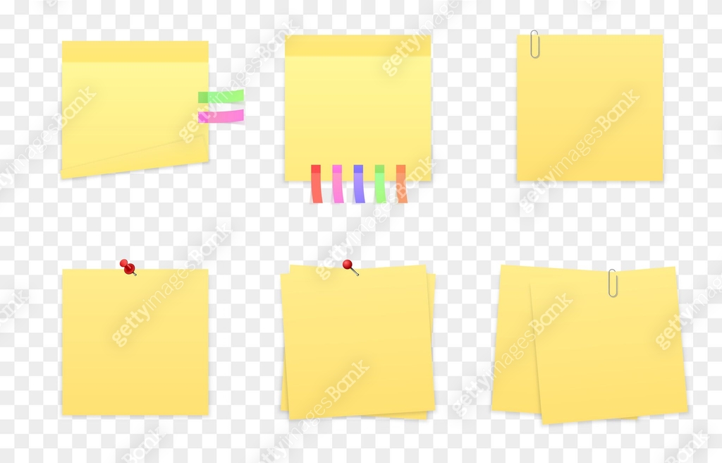 Vector set of yellow notes. Paper notes with paper clip, pushpin ...