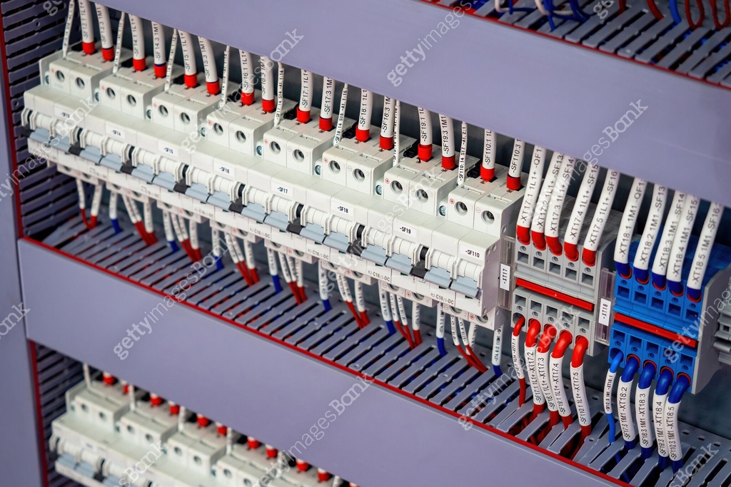 Switchboards Plugged In Voltage switchboard with circuit breakers. Electric equipment. White ...