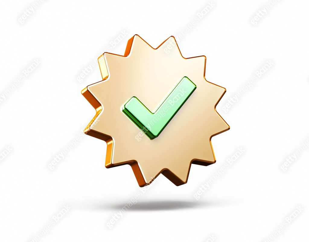 Green Metallic Checkmark Icon in Gold Star Shape, Object + Shadow ...