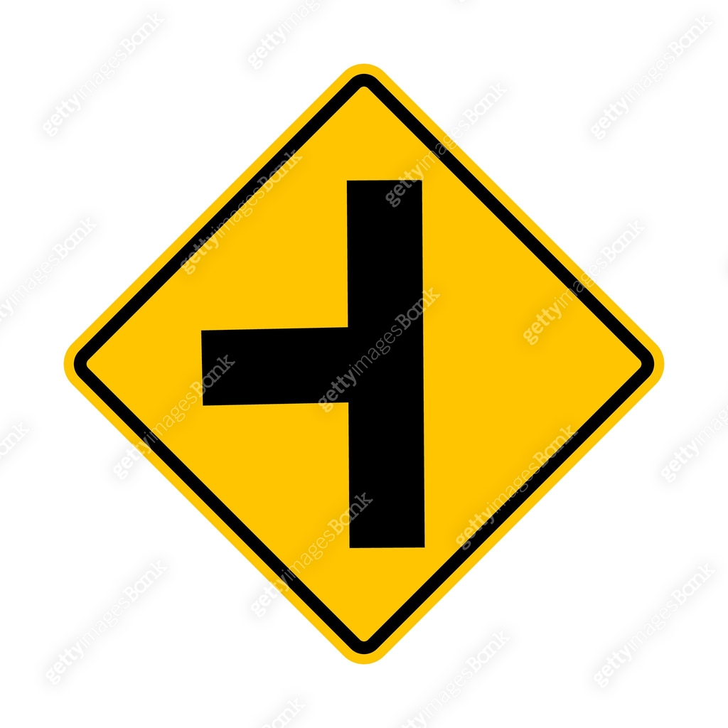 Left Side Intersection Unregulated intersection with an adjacent road. From left side. Sign ...