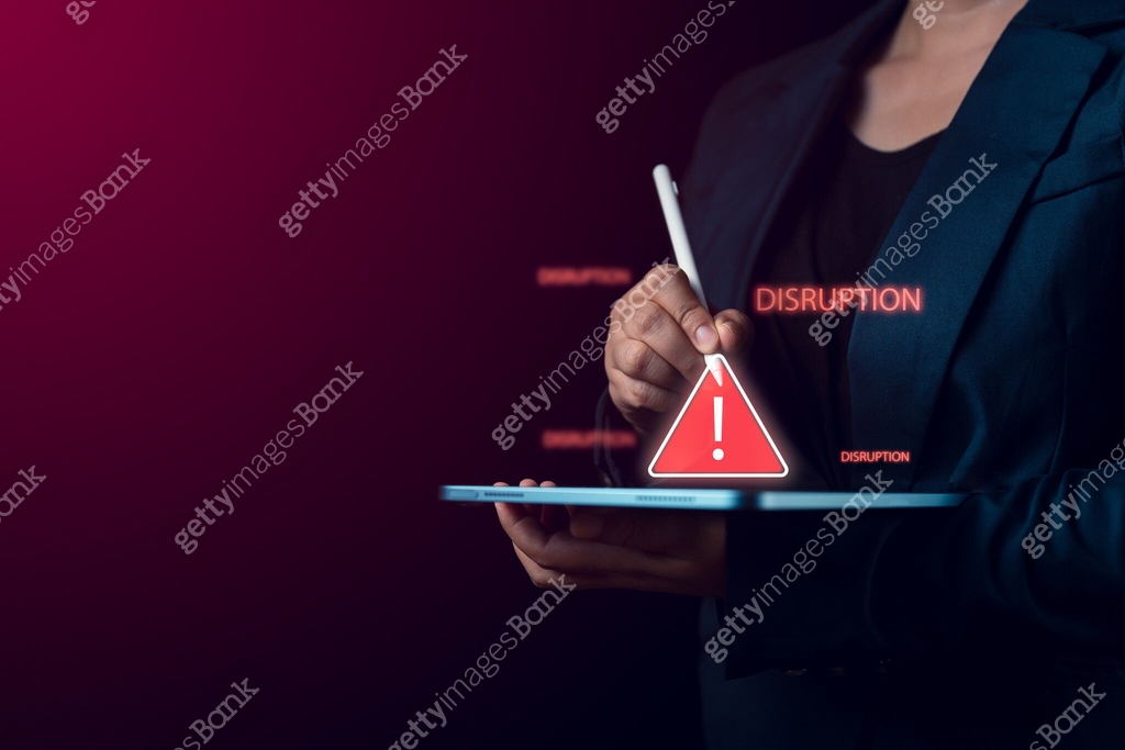 Disruption Screen Red Background Warning on Virtual Screen Held by Businessman AI ...